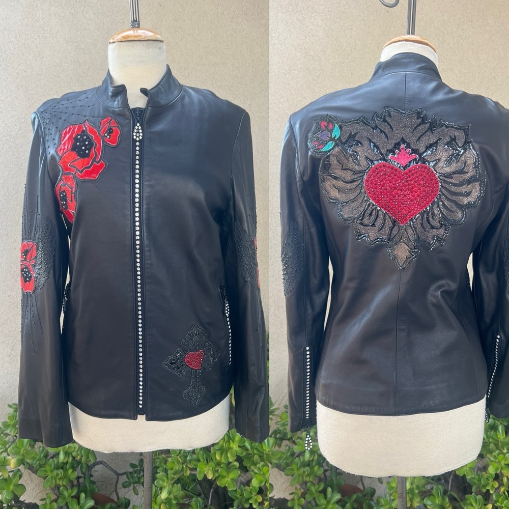 Vtg Kippys avant-garde black leather jacket roses crucifix burning heart Small